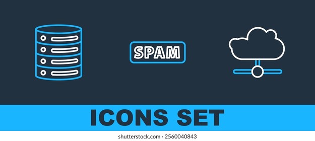 Set line Network cloud connection, Server, Data, Web Hosting and Spam icon. Vector