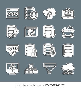 Set line Network cloud connection, Server, Data, Web Hosting, Coal mine trolley, Cloud computing lock, Browser setting, security with key, Password protection and  icon. Vector