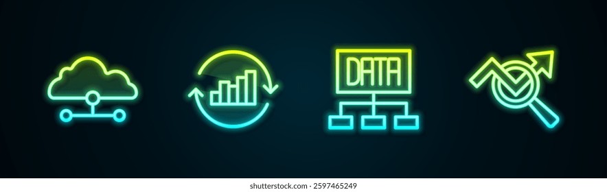Set line Network cloud connection, Pie chart infographic, Data analysis and Search data. Glowing neon icon. Vector