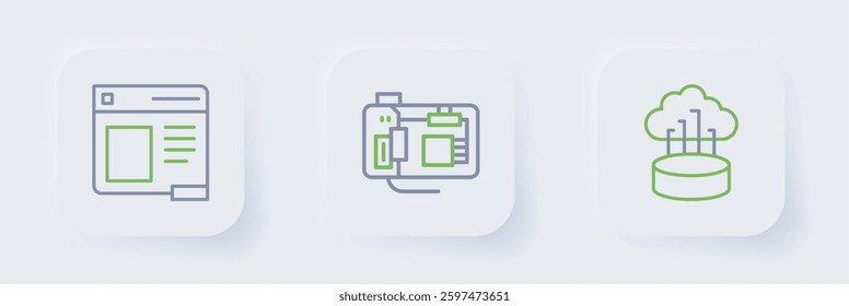 Set line Network cloud connection, Motherboard and Browser window icon. Vector