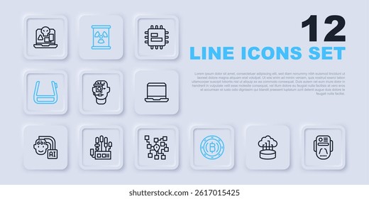 Set line Network cloud connection, Artificial intelligence robot, Smart glasses spectacles, Cryptocurrency coin Bitcoin, Mechanical hand, Radioactive waste barrel and Neural network icon. Vector