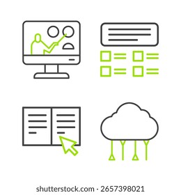 Definir linha Conexão em nuvem da rede, Livro online, questionário, teste, pesquisa e ícone de educação. Vetor