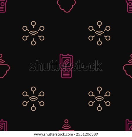 Set line Network cloud connection,  and Walkie talkie on seamless pattern. Vector