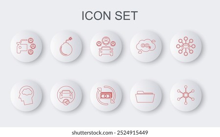 Set line Network, Head silhouette with cloud, Car sharing, Folder, Bomb ready to explode,  and Refund money icon. Vector