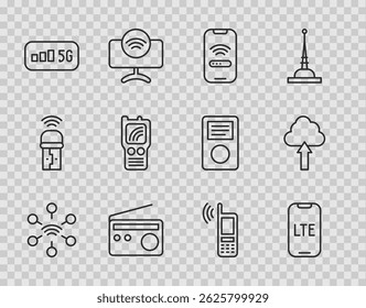Definir rede de linha, rede LTE, móvel com wi-fi sem fio, rádio, internet 5G, Walkie talkie e ícone de upload de nuvem. Vetor