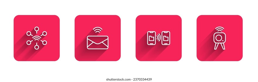 Set line Network, Mail and e-mail, Data transfer storage and Web camera with long shadow. Red square button. Vector