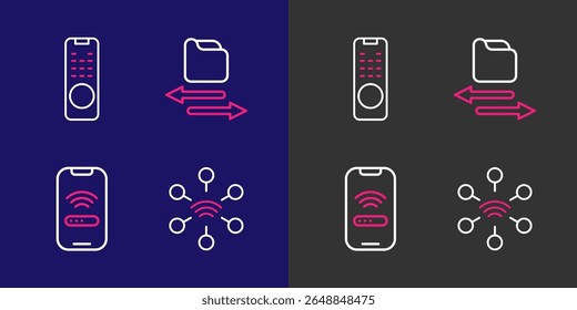 Set line Network, Mobile with wi-fi wireless, Transfer files and Remote control icon. Vector