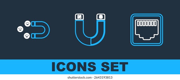 Set line Network port cable socket, Customer attracting and Magnet icon. Vector