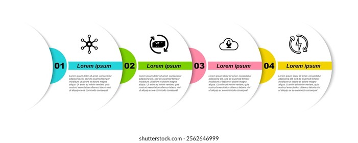 Set line Network, Refund money, Music streaming service and Recharging. Business infographic template. Vector