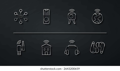 Set line Network, Usb wireless adapter, Global technology, Smart headphones system, home with wi-fi, Remote control, Air and Web camera icon. Vector