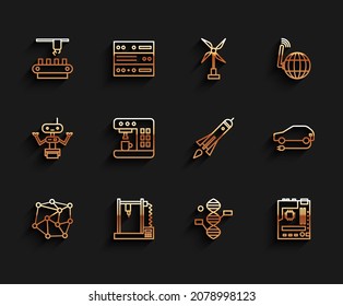 Set line Neural network, 3D printer, Factory conveyor system belt, DNA symbol, Motherboard, Coffee machine, Electric car and Rocket ship with fire icon. Vector