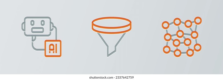 Set line Neural network, Artificial intelligence robot and Funnel filter icon. Vector