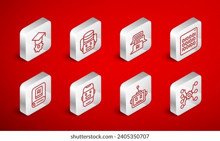 Set line Neural network, Artificial intelligence robot, Chat, Binary code, Graduation cap,  and AI icon. Vector