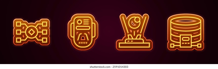 Set line Neural network, Artificial intelligence robot, Hologram and Cloud database. Glowing neon icon. Vector