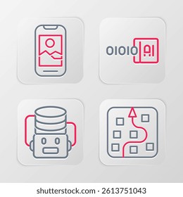 Set line Neural network, Artificial intelligence robot, Binary code and Mobile phone icon. Vector