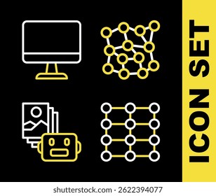 Set line Neural network, Artificial intelligence robot and Computer monitor icon. Vector