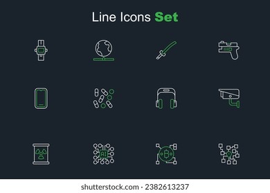 Set line Neural network, Blockchain technology Bitcoin, Radioactive waste barrel, Security camera, Headphones, Medical pill biohacking and Mobile icon. Vector