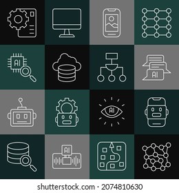 Establecer la red neuronal de línea, bot de chat, teléfono móvil, base de datos en la nube, CPU del procesador e icono Algoritmo. Vector