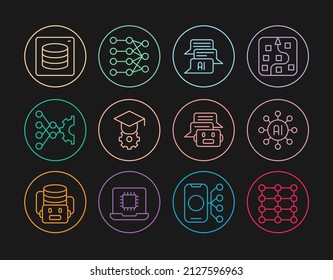 Set line Neural network, Chat bot, Graduation cap, Server, Data, and icon. Vector