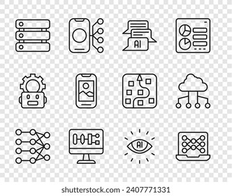 Set line Neural network, Chat bot, Algorithm, Server, Data, Mobile phone, Artificial intelligence AI and Network cloud connection icon. Vector