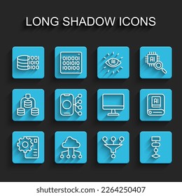 Set line Neural network, Network cloud connection, Binary code, Funnel filter, Algorithm, Artificial intelligence AI and Computer monitor icon. Vector