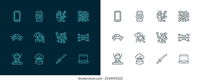 Set line Neural network, Network cloud connection, Katana, Eye scan, Humanoid robot, Mobile phone and Computer vision icon. Vector