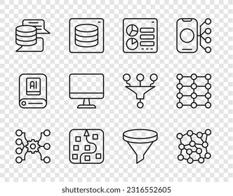 Set line Neural network, Computer api interface, Server, Data, monitor, Funnel filter and  icon. Vector
