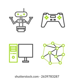 Set line Neural network, Computer monitor, Gamepad and Robot icon. Vector