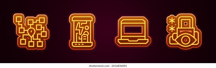 Set line Neural network, Cryogenic capsules, Laptop and Cyber security. Glowing neon icon. Vector