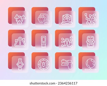 Línea de red neuronal, moneda de criptografía Bitcoin, Ciberseguridad, arma futurista, USB flash drive, visión de computadora, Tierra con signo de exclamación e ícono de robot humanoide. Vector