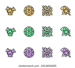 Set line Neural network, Earth with exclamation mark, Cryptocurrency coin Bitcoin and Eye scan icon. Vector
