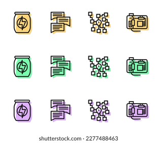 Establecer la línea Red neuronal, bebida energética, chat de burbujas de voz e icono de la motherboard. Vector