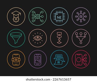 Set line Neural network, Funnel filter, Processor CPU, Artificial intelligence AI, Graduation cap, Algorithm and  icon. Vector