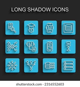 Set line Neural network, Funnel filter, Photo retouching, Binary code, Server, Data, Artificial intelligence robot, Algorithm and Mobile phone icon. Vector