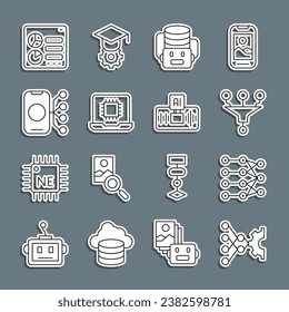 Set line Neural network, Funnel filter, Artificial intelligence robot, Processor CPU, Computer api interface and AI icon. Vector