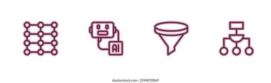 Set line Neural network, Funnel filter, Artificial intelligence robot and Algorithm icon. Vector