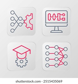 Establecer línea Red neuronal, Graduación cap, Algoritmo e icono. Vector