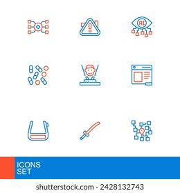Set line Neural Network, Katana, Smart Brille auf Brille, Browser-Fenster, Medical Pill Biohacking, Hologramm, Computer Vision und Ausrufezeichen Dreieck-Symbol. Vektor