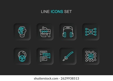Set line Neuronales Netzwerk, Katana, Sprechblasen-Chat, Planet Erde und Strahlung, Kopfhörer, Futuristische Waffe und Smart Brille Brille Symbol. Vektorgrafik