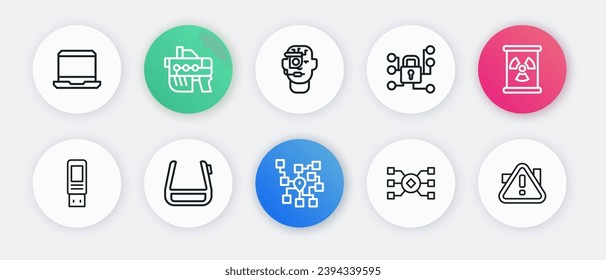Set line Neural network, Radioactive waste in barrel, USB flash drive, Cyber security, Smart glasses on spectacles, Exclamation mark triangle and  icon. Vector