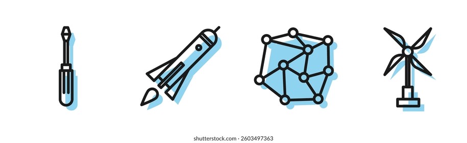 Set line Neural network, Screwdriver, Rocket ship with fire and Wind turbine icon. Vector