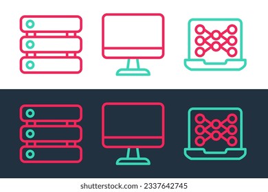 Set line Neural network, Server, Data and Computer monitor icon. Vector