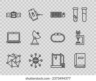 Set line Neural network, User manual, Keyboard and mouse, Social, Smartwatch, Radar, 3D printer and Microscope icon. Vector