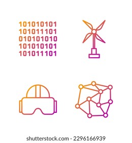 Set line Neural network, Virtual reality glasses, Binary code and Wind turbine. Gradient color icons. Vector