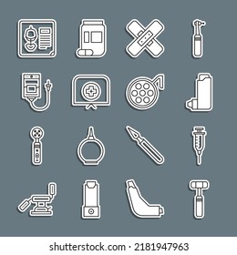 Set Line Neurology Reflex Hammer, Syringe, Inhaler, Crossed Bandage Plaster, Nurse Hat With Cross, IV Bag, X-ray Shots And Surgery Lamp Icon. Vector