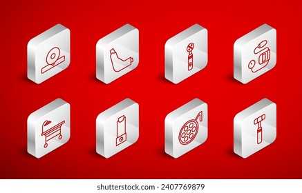 Set line Neurology reflex hammer, Inhaler, Electric toothbrush, Blood pressure, Surgery lamp, Otolaryngological head reflector,  and Operating table icon. Vector