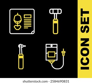 Set line Neurology reflex hammer, IV bag, Tooth drill and X-ray shots icon. Vector