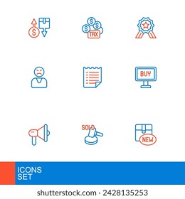 Nueva colección, Martillo de subasta, Megáfono, Botón de compra, Cliente enojado, Plantilla de lista de deseos, Clasificación de estrellas e icono de pago de impuestos. Vector