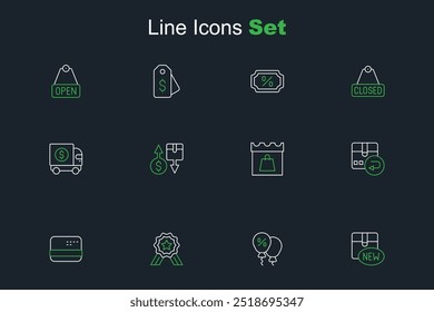 Set line New collection, Discount percent tag, Stars rating, Credit card, Return cardboard box, Shopping day, Tax and Armored truck icon. Vector