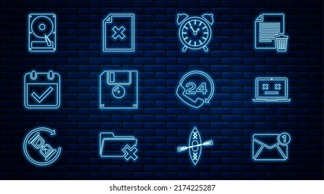 Set line New, email incoming message, Dead laptop, Alarm clock, Floppy disk, Calendar with check mark, Hard drive HDD, Telephone 24 hours support and Delete file document icon. Vector